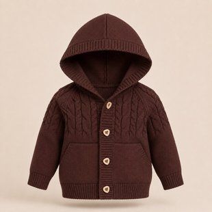 Дитячий в'язаний кардиган з капюшоном для хлопчика, кофта на ґудзиках коричнева, розмір 74-80 3126339803 фото